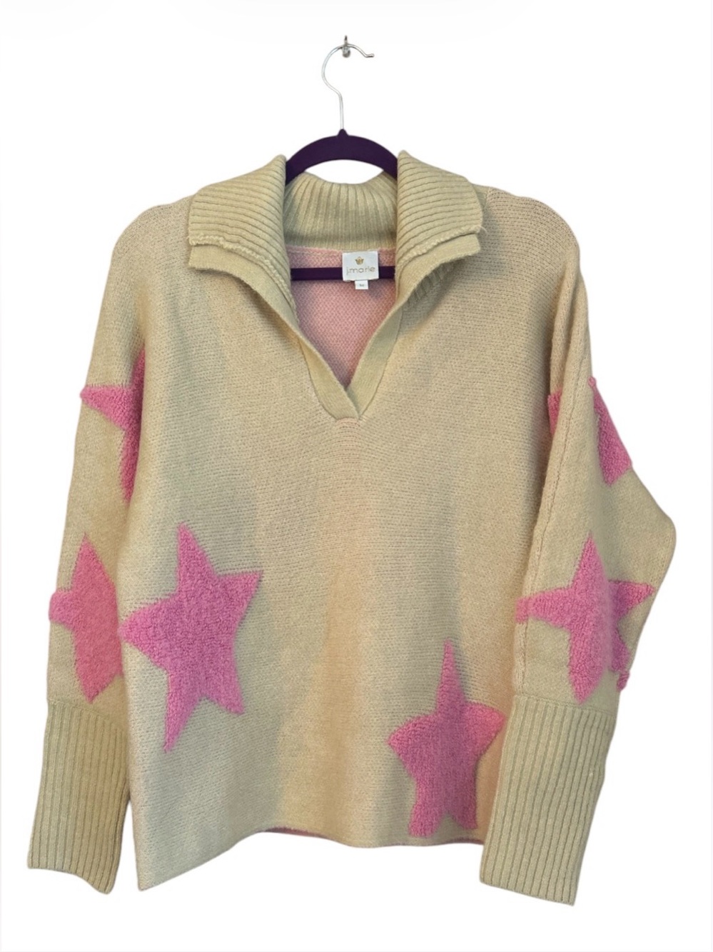 J. Marie Wool Blend Star Print Collared V-Neck Sweater Beige Pink Size M
